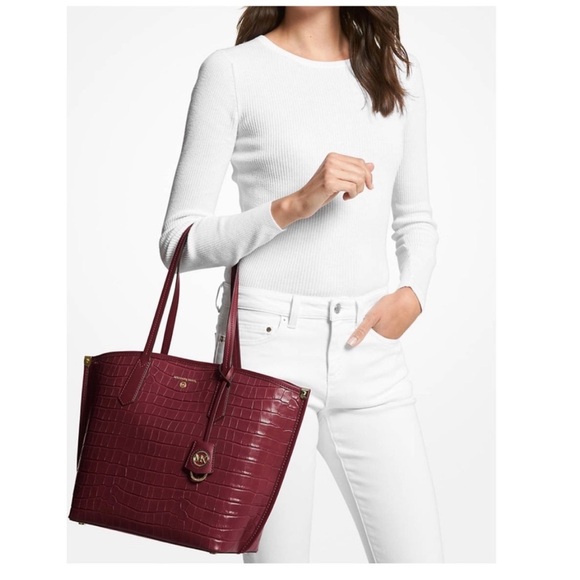 NWOT Michael Kors Burgundy Jane Croc Embossed Leather Large Tote Shoulder Bag - Picture 2 of 4